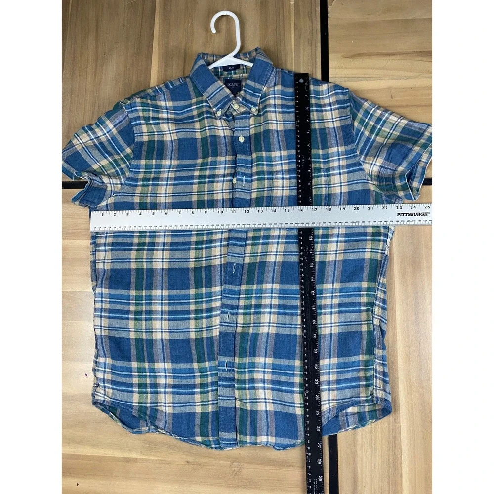 J.Crew Men's Blue Plaid Linen‎ Cotton Shirt Slim Fit Size L Short Sleeve